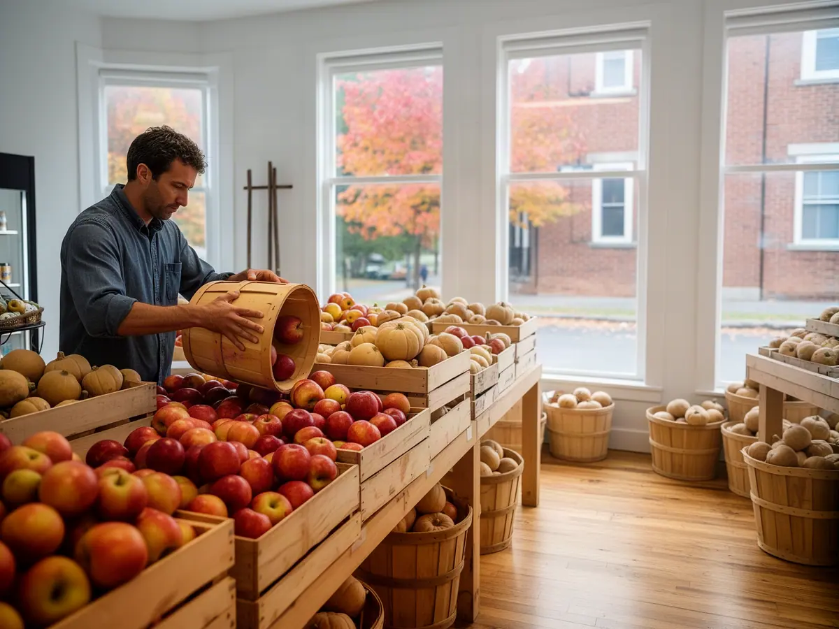 A grocer stacking red and gold apples into wooden crates at the produce tables inside his small grocery.
