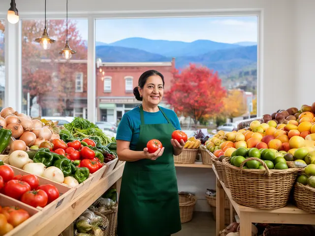 A grocer in an apron beside a fresh produce display.
