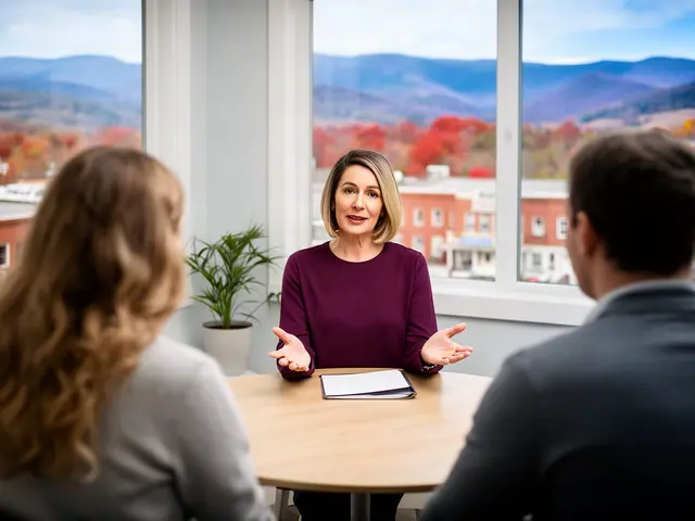 An insurance agent talking with a couple at a round table.