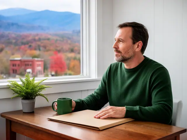 A man with short brown hair at a desk with a folder and a mug in a small back office.