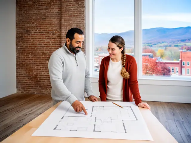 Two business partners looking over a pencil floor sketch in an empty storefront.